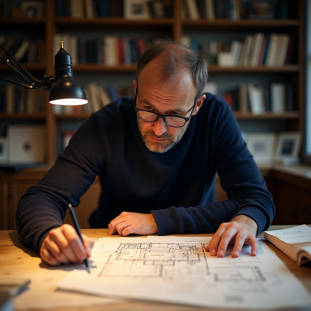 Portret architekta przy pracy nad projektem urbanistycznym