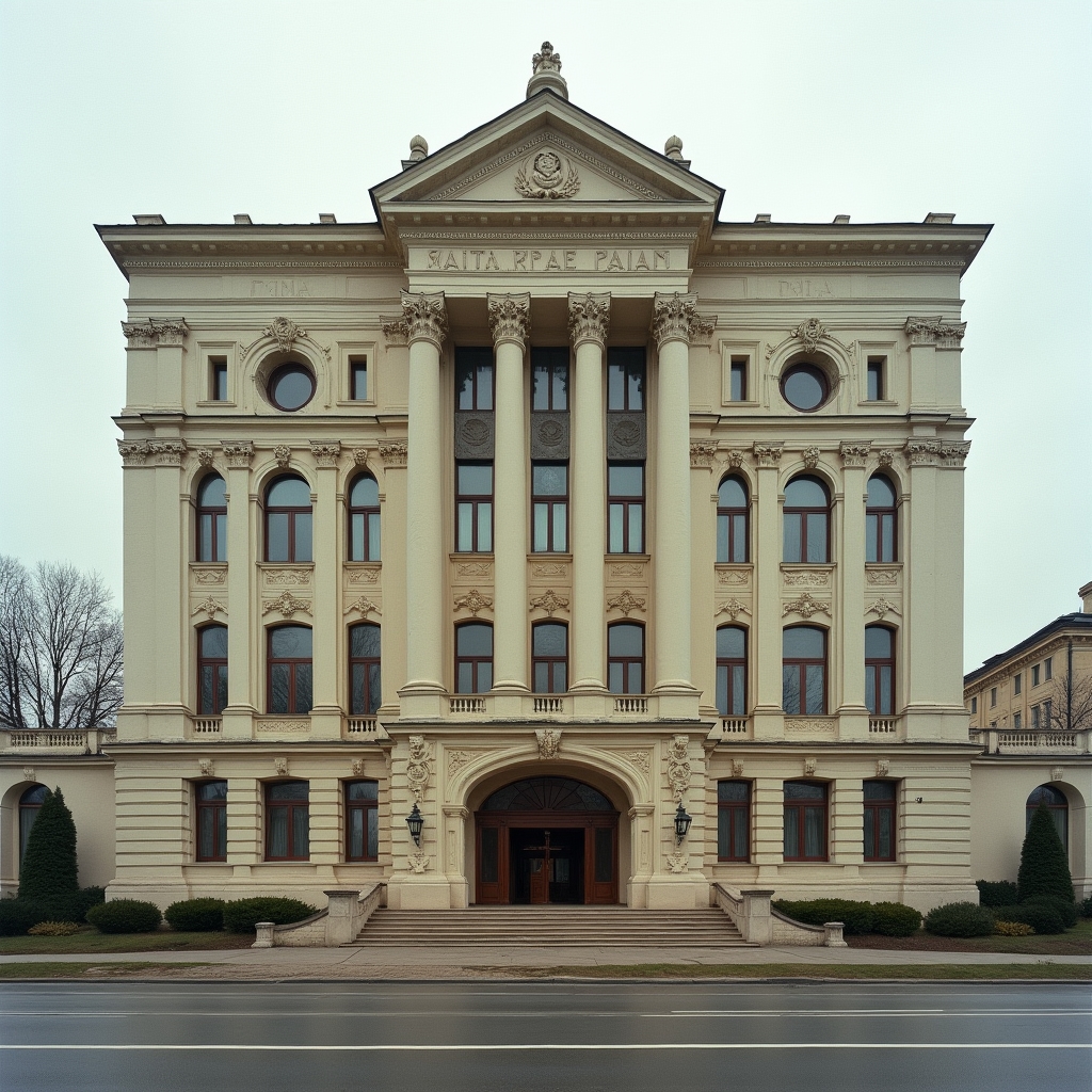 Budynek socrealistyczny w centrum polskiego miasta - klasycyzująca fasada