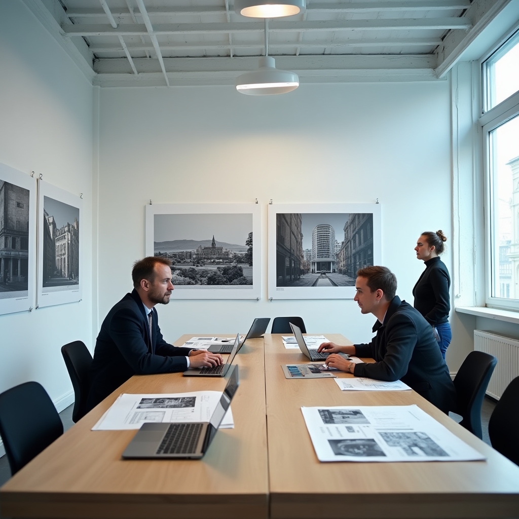 Sala spotkań redakcji z planami architektonicznymi na ścianie